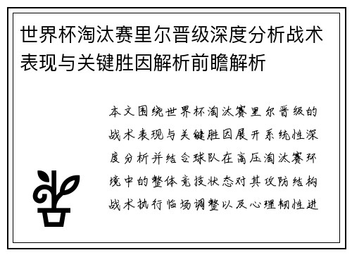 世界杯淘汰赛里尔晋级深度分析战术表现与关键胜因解析前瞻解析