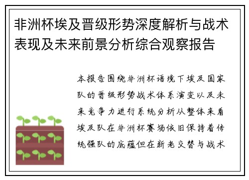 非洲杯埃及晋级形势深度解析与战术表现及未来前景分析综合观察报告