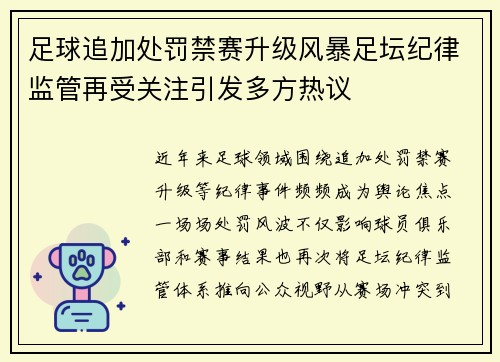 足球追加处罚禁赛升级风暴足坛纪律监管再受关注引发多方热议 足球追加处罚禁赛升级风暴足坛纪律监管再受关注引发多方热议